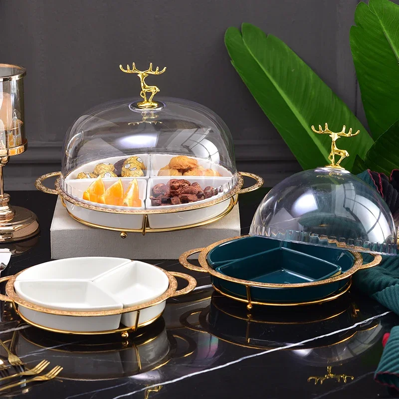 

Ceramics Multi-grid Cake Pan with Plastic Cover Wrought Iron Base Snack Platter Fruit Snack Candy Tray Decoration Dessert Plate