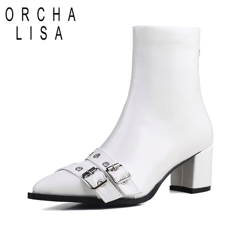 

ORCHALISA Модные женские ботильоны с острым носком на блочном каблуке 6 см на молнии с металлическим украшением Большой размер 48 49 50 Сексуальные ботильоны для свиданий