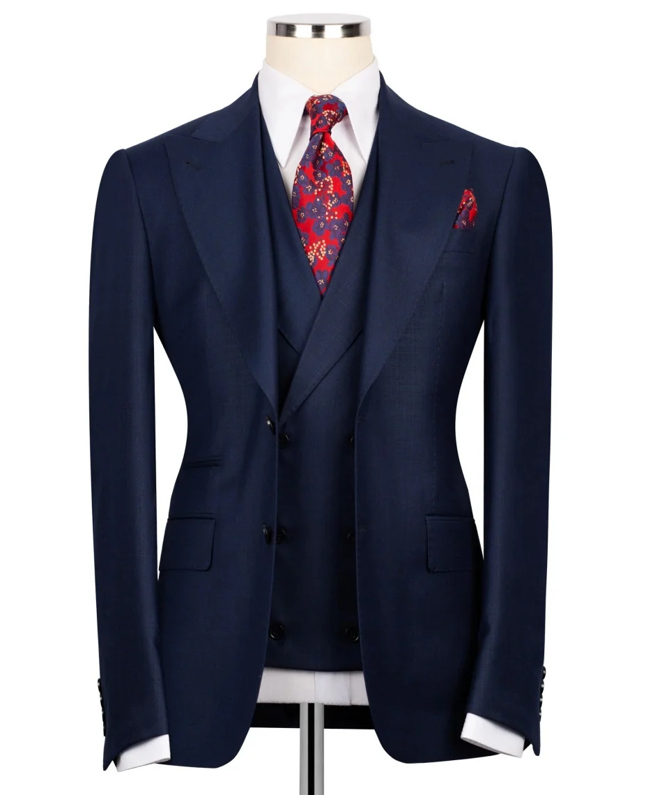 

Customized Peak Lapel 3pcs Men's Full Suit Navy Blue Blazer Vest Pants Formal Wedding Party Business Wear Male Suits