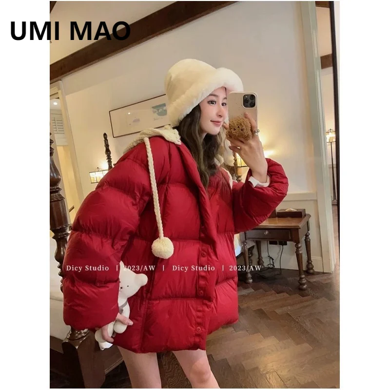 UMI MAO Christmas Red Down Jacket Winter Medium Long 90 White Duck Down Jacket Detachable Knitted Hat Coat Femme Y2K