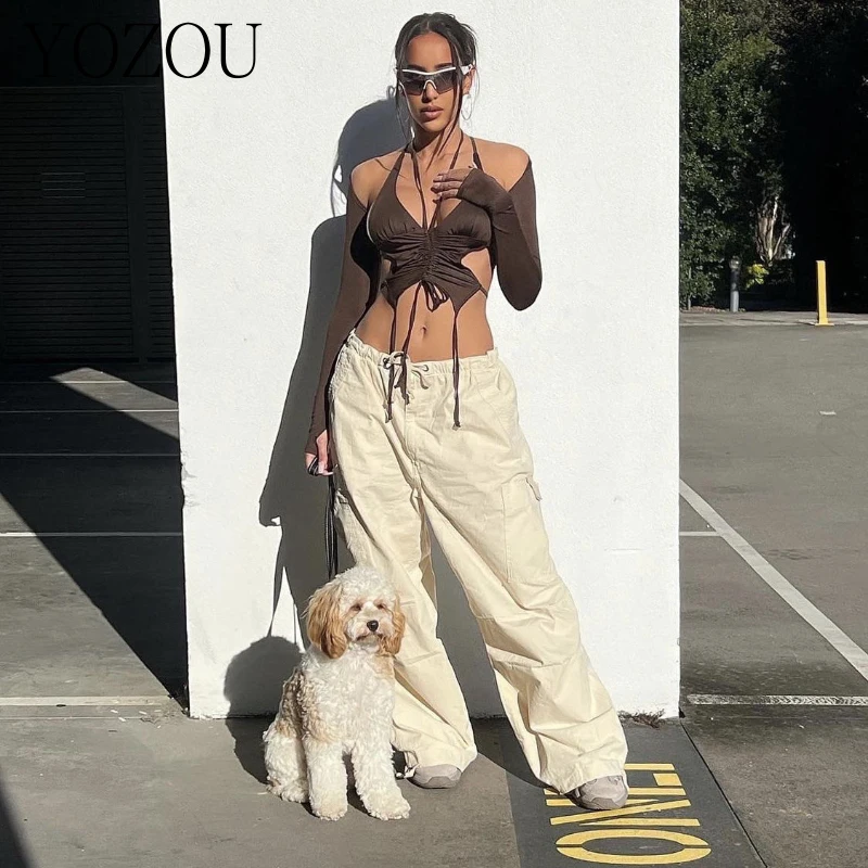 [YOZOU] Cotton Drawstring Beige Black Gorpcore Baggy Cargo Parachute Pants Wide Leg Trousers Brown Jogger Hailey Bieber Pants