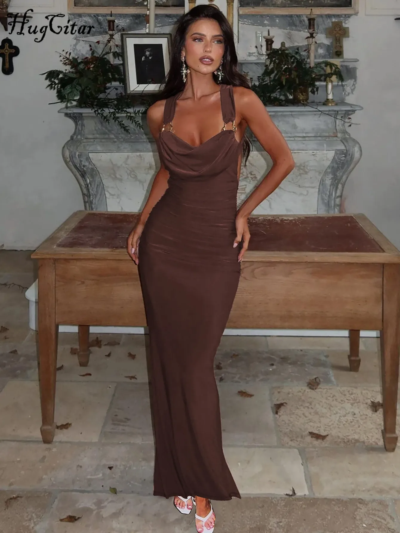 Hugcitar Damen-Kleid mit eleganten Trägern, gerüscht, rückenfrei, sexy, figurbetont, solides Maxikleid, Sommermode, Kleidung, Abendparty, Nachtclub