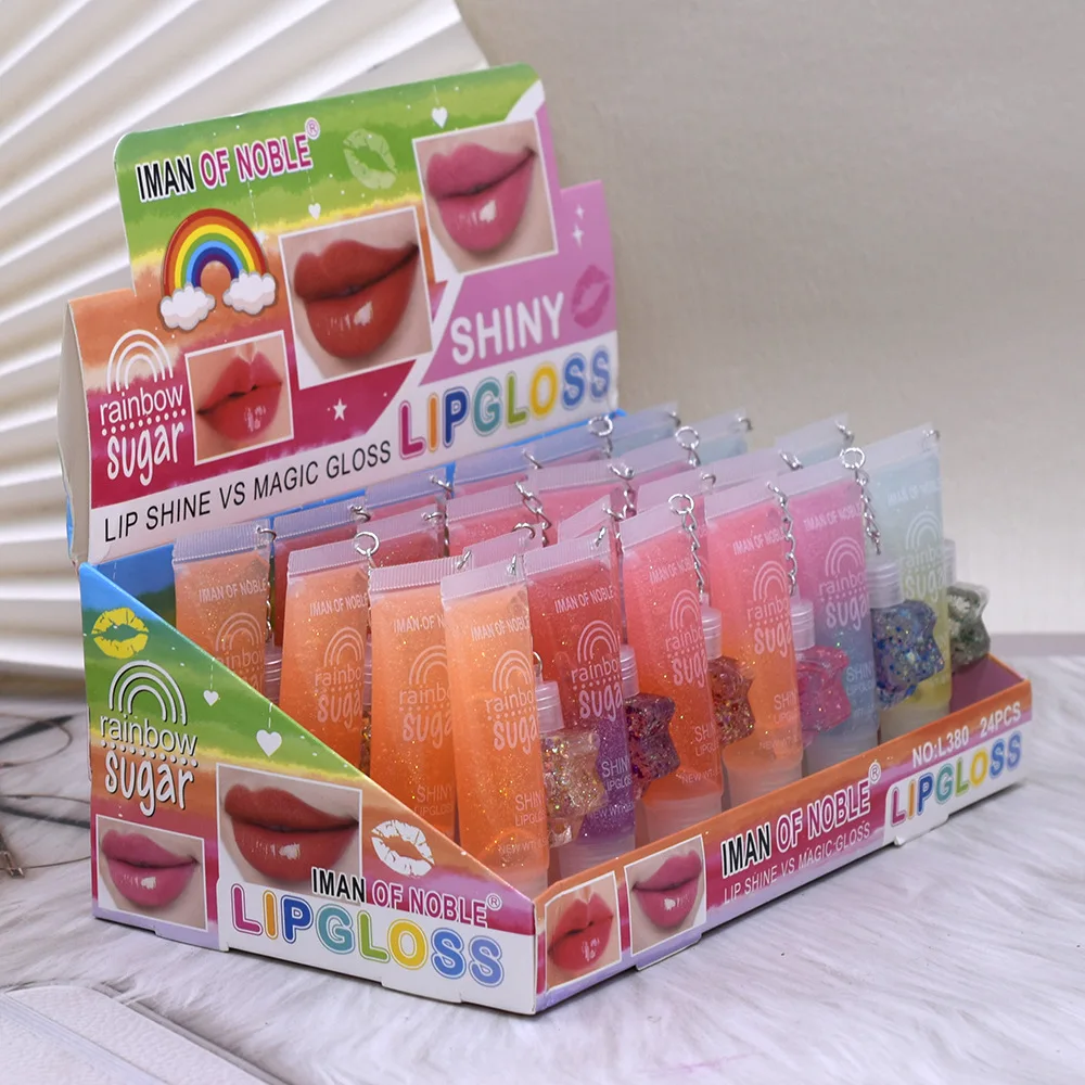 Wholesale 24pcs Rainbows Sequins Lip Gloss Set Cute High-shine Color Changing Moisturizing Girls Lip Oil Kawaii Lips Makeup Bulk