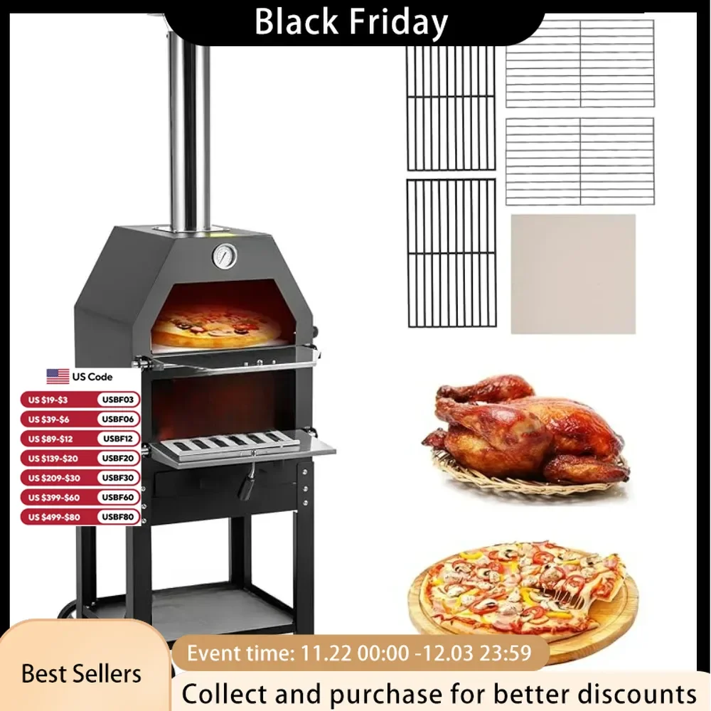 Outdoor Pizza Oven,Wood Burning Outdoor Pizza Oven with 2 Removable Wheels,   Fired Pizza Maker Ovens for Barbecue,Outdoor Ovens