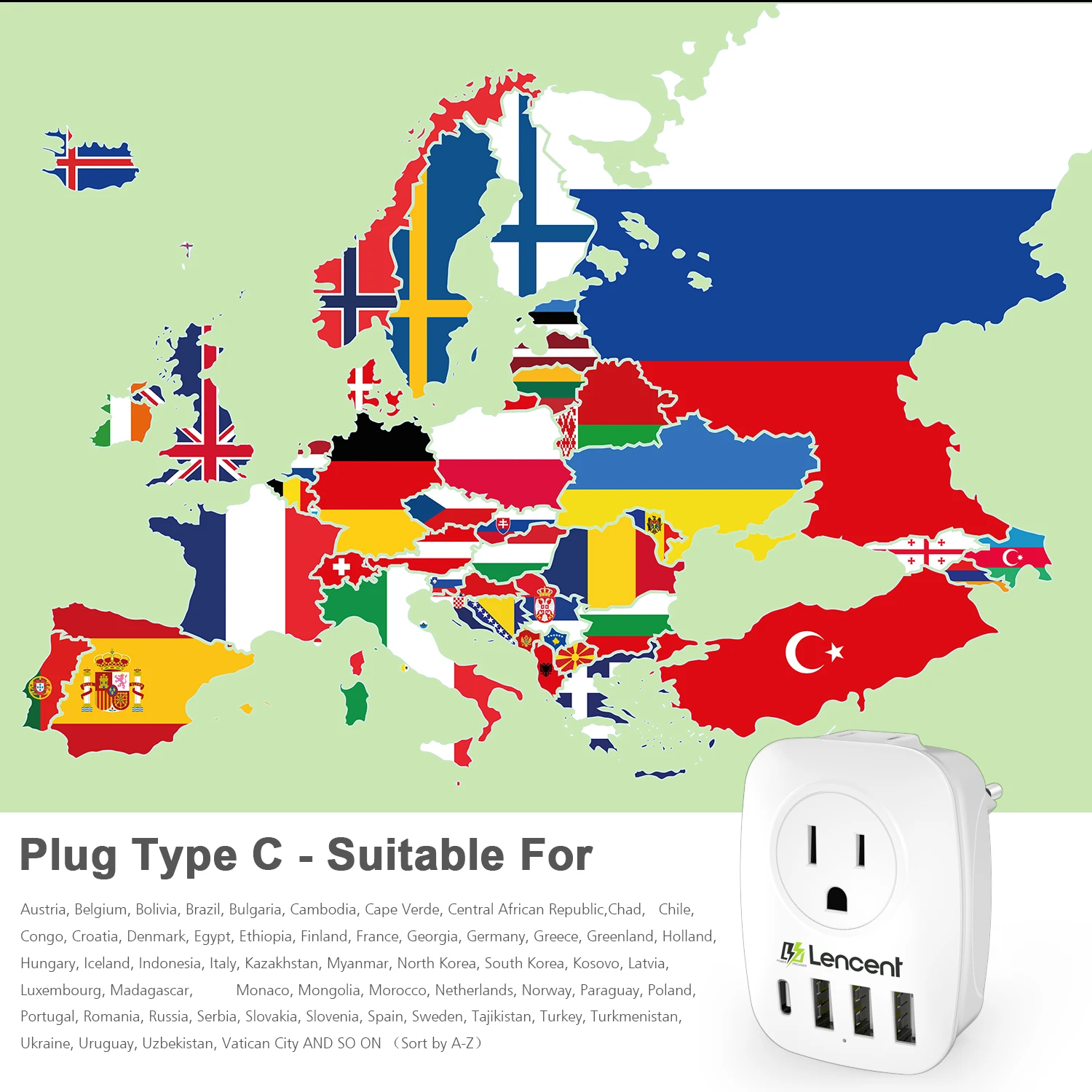 LENCENT US to EU Travel Adapter with 2 AC Outlet 3 USB and 1 Type C Power Adapter Overload Protection 6-in-1 Charger for Travel