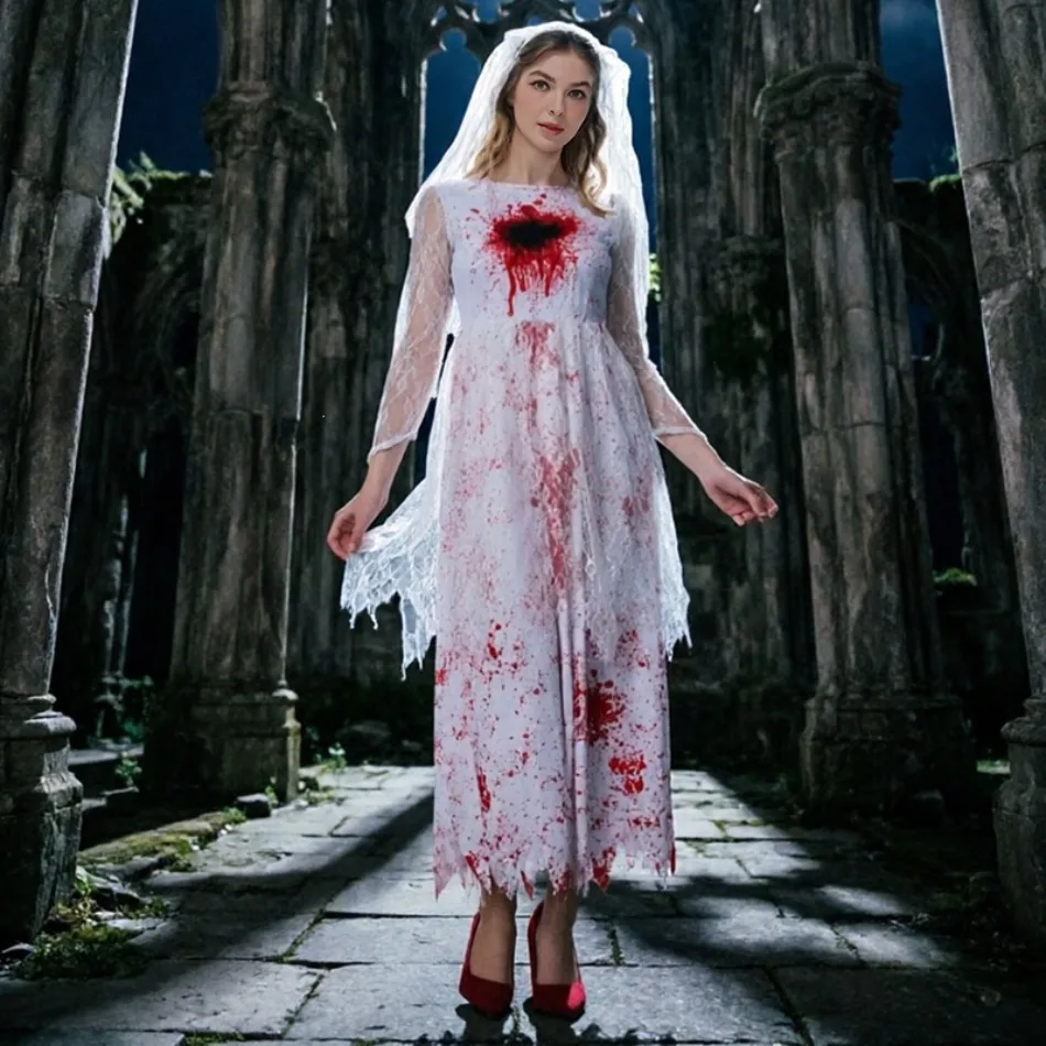 Teen Girls Tattered Blood Splatter White Lace Long Dress Horror Ghost Bride Costume Women Halloween Scary Party Outfit PS66
