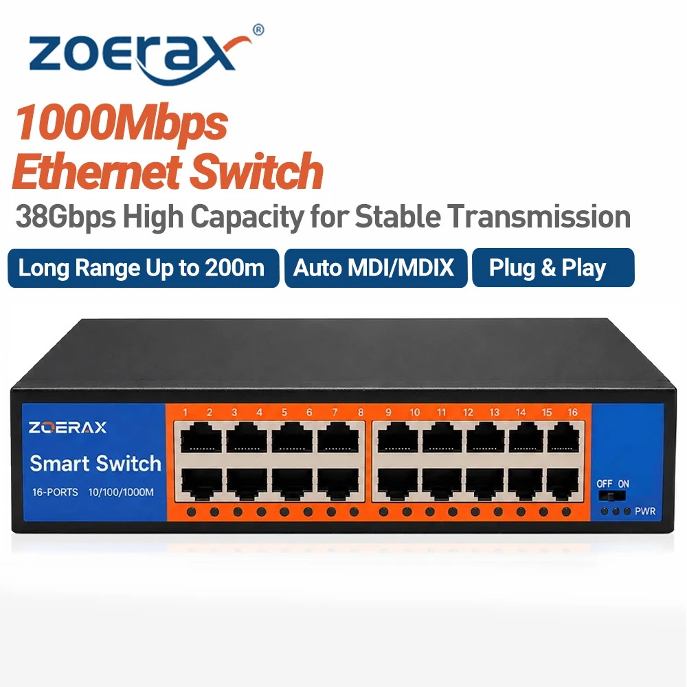 ZoeRax 16-Port Gigabit Network Switch Unmanaged Plug & Play Built-in Long Reach Switch Support Up to 200 Meters for Home Office