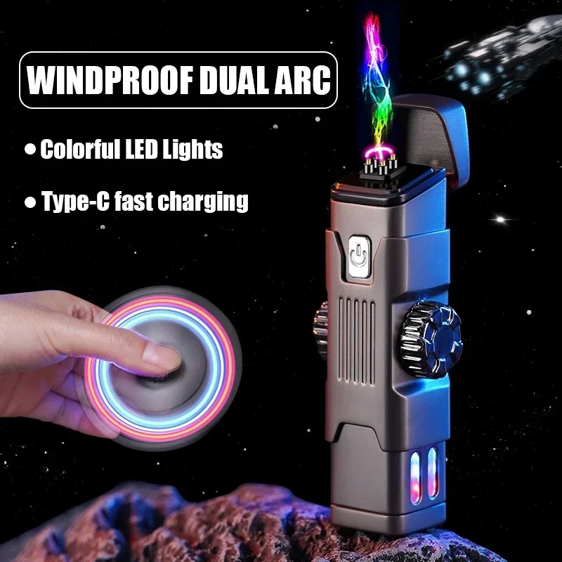 New Outdoor Windproof Double Arc Pulse Flameless Plasma USB Lighter LED Rotating Fingertip Gyroscope Unusual Gift