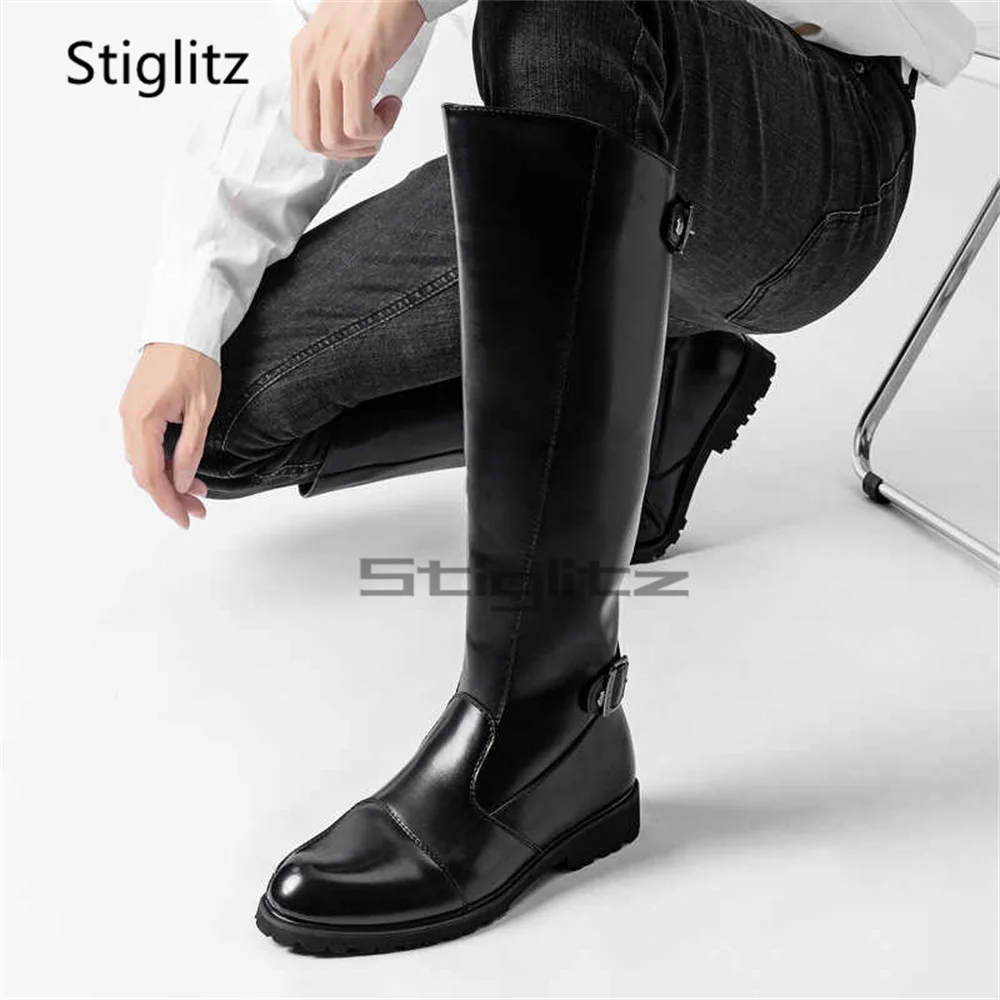 Men's Retro Knee High Knight Boots British Style Leather Western Cowboy Boots Belt Buckle Low Heel Autumn Winter Male Shoes