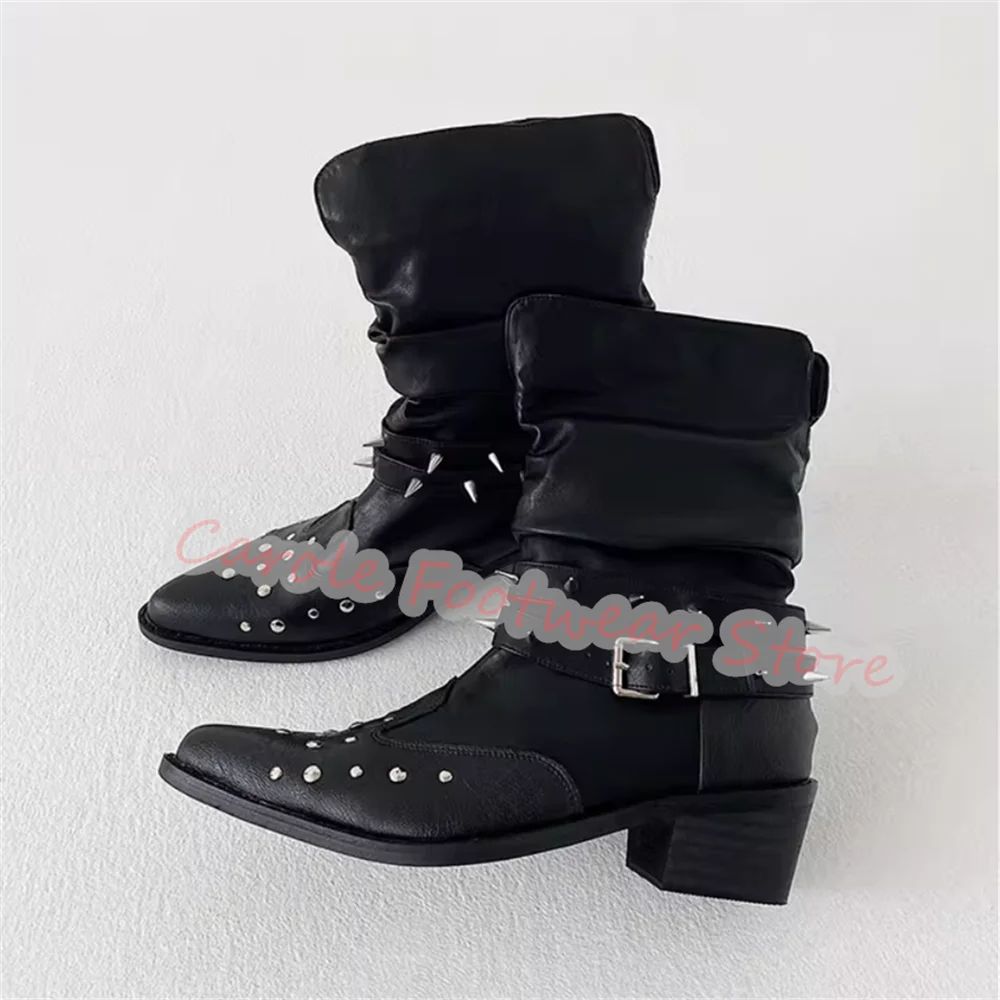 Punk Rivet Belt Buckle Black Pleated Boots for Men Pointed Toe Chunky Heel Western Cowboys Boots Male Party Dress Knight Boots