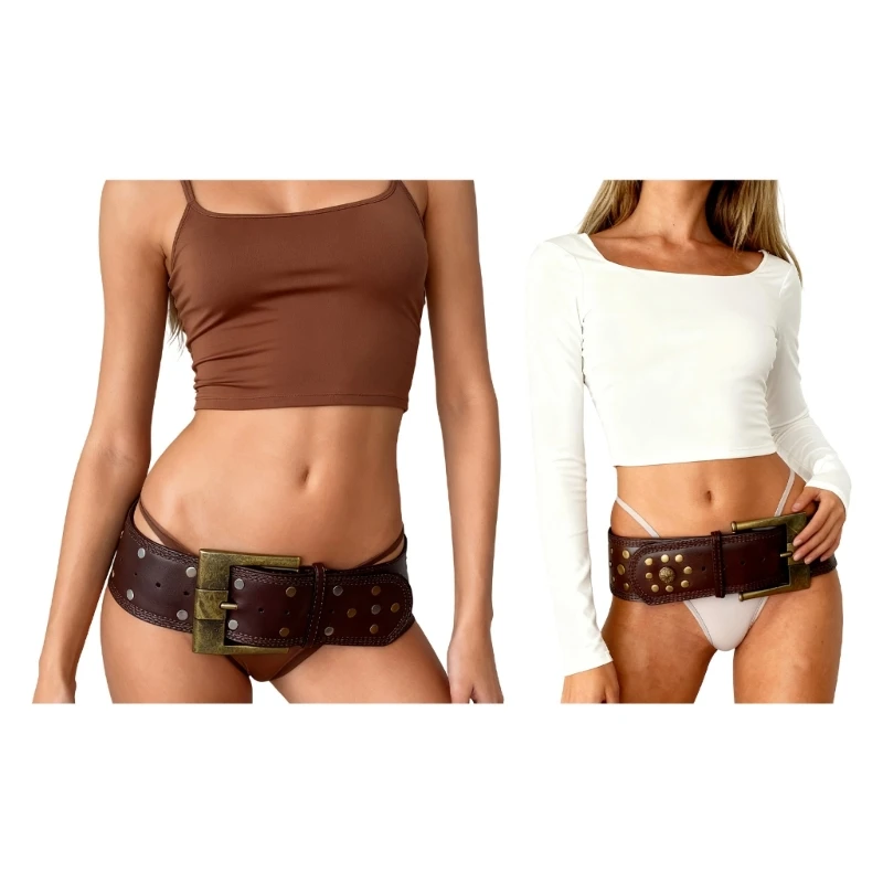 E56A Triple Stitchs Wide Waist Belt Adjustable Buckles PU Leather Band for Street Wear