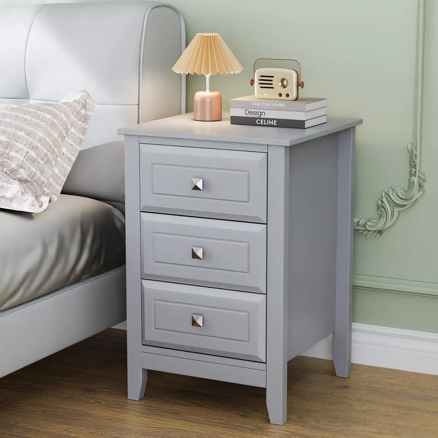 Gray Nightstand 3 Drawers & Metal Knobs, Wooden Bedside Table for Bedroom Dorm Small Space, Customized