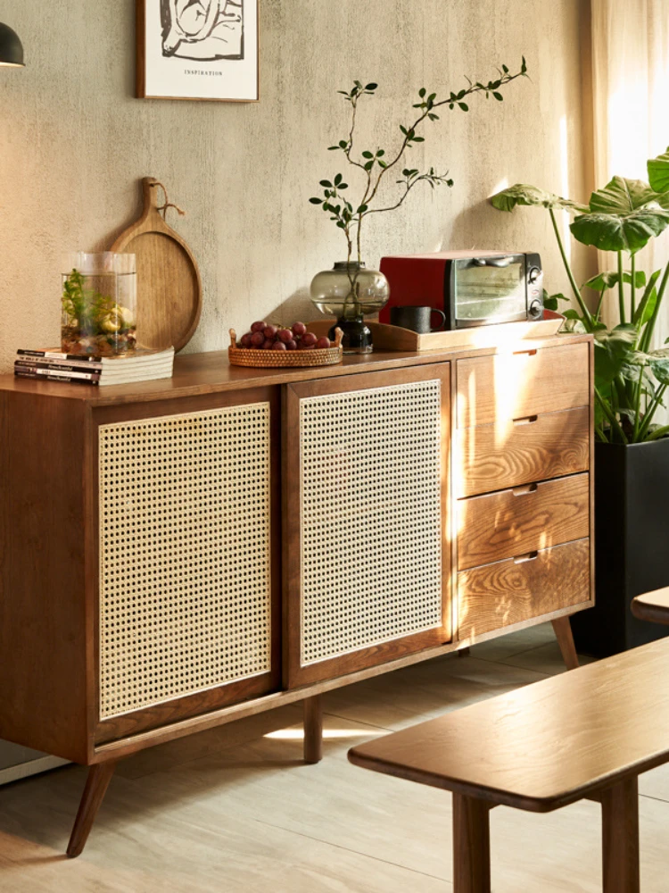 Rattan Sideboard Cabinet Modern Minimalist Multi-Functional Ash Solid Wood Double Door Complete Chest of Drawers