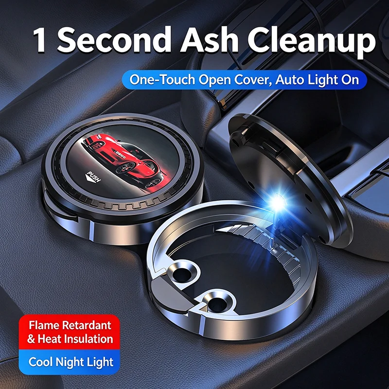 Universal Car Ashtray Multifunctional with Cover LED Light Portable One Click Open Personalized Creative Automotive Supplies