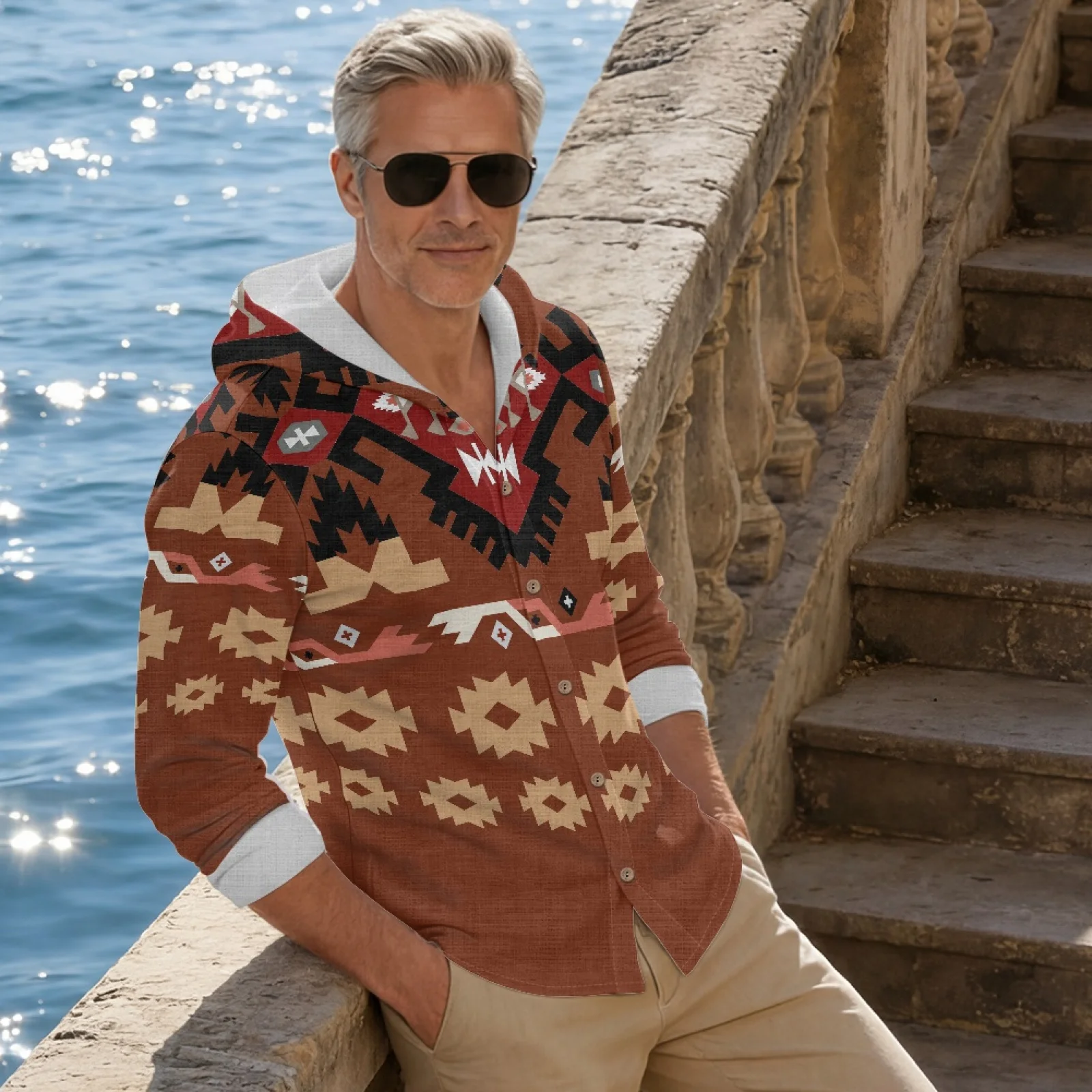 PENSTROLL Moletom Casual Masculino com Padrão Geométrico, Estilo Linho, Respirável, com Botões Frontais, para Treino e Uso Diário, Tamanhos S-3XL