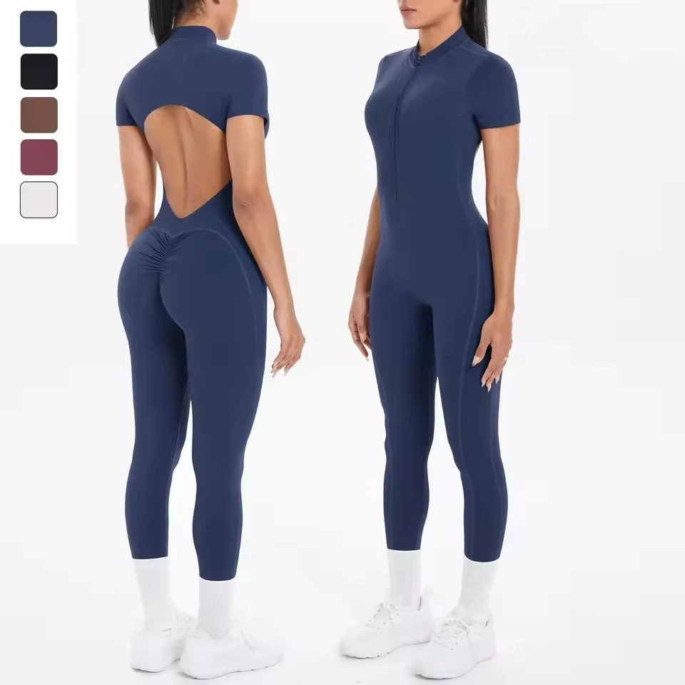 

Women Short Sleeved Fitness Jumpsuit for Woman Bodysuits Backless Solid Color Scrunch One-Piece Suit Half Zipper Gym Yoga Sets