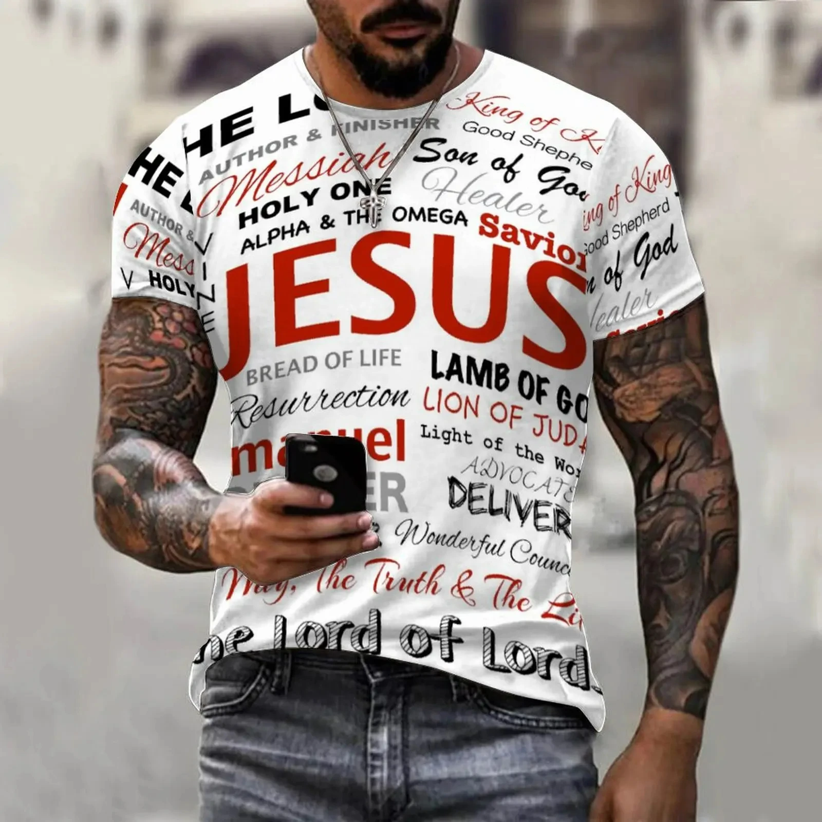 Summer Fashion Letter JESUS Printing 3D Graphic Men\'s T-shirts Fashion Street Round neck Short sleeved Casual Tops Tees Clothing