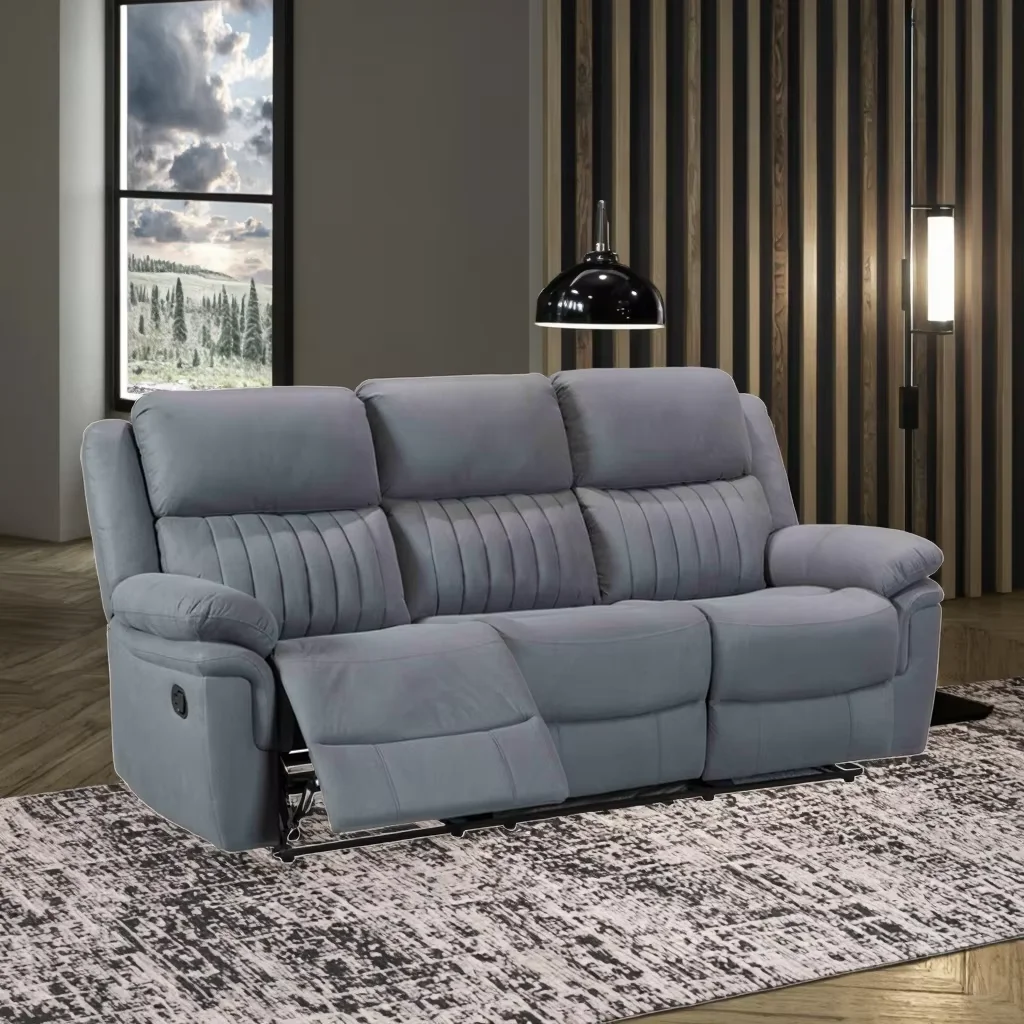 

Modern 3-Seater Grey Fabric Recliner Sofa with Extendable Feature Customizable Manual Recliners Wood Frame