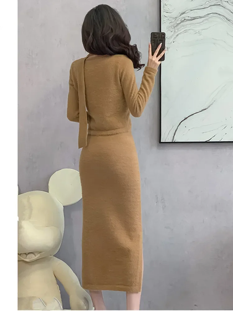 New Elegant 2 Piece Sets Women Outfit Knitted Office Lady Fashion Skew Collar Pullover Sweater Tops + Long Skirt Women\'s Suit