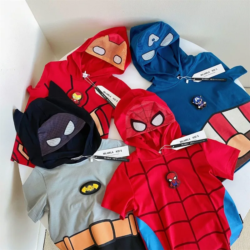 

Avengers Spider Man Iron Man Cartoon Cute Summer Round Neck Hat Wearing Short Sleeve Fashion Cool Children's Flash Light T-shirt