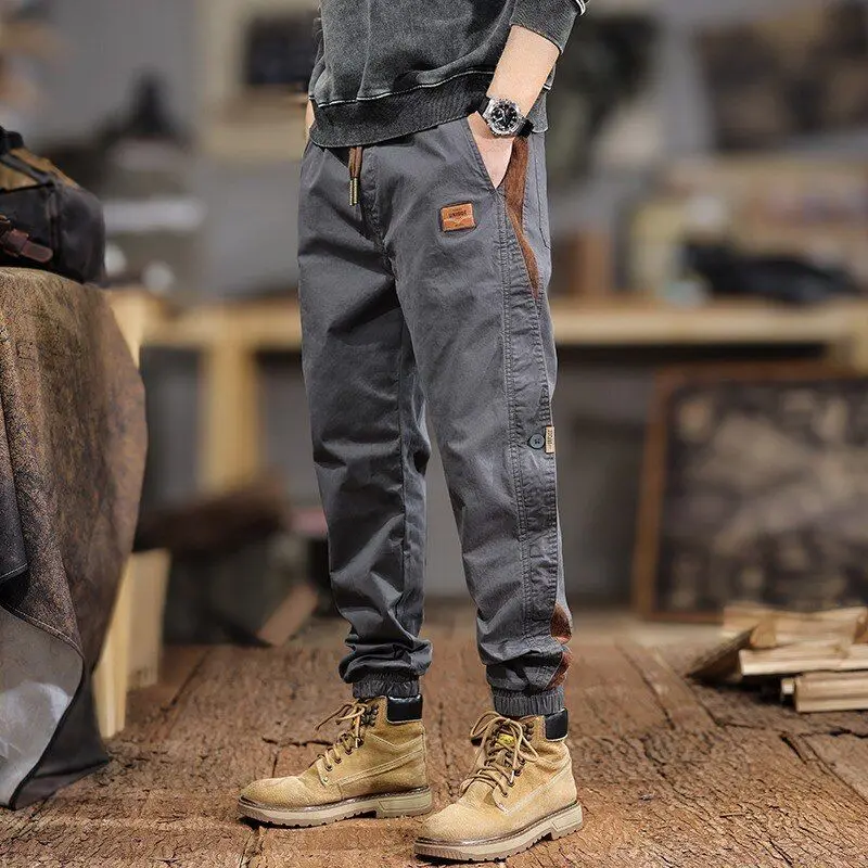 

Spring Autumn Elastic Denim Pants Men Loose Casual Long Trousers Trendy Harajuku Cuffed Nine Point Pants Polyester Fiber