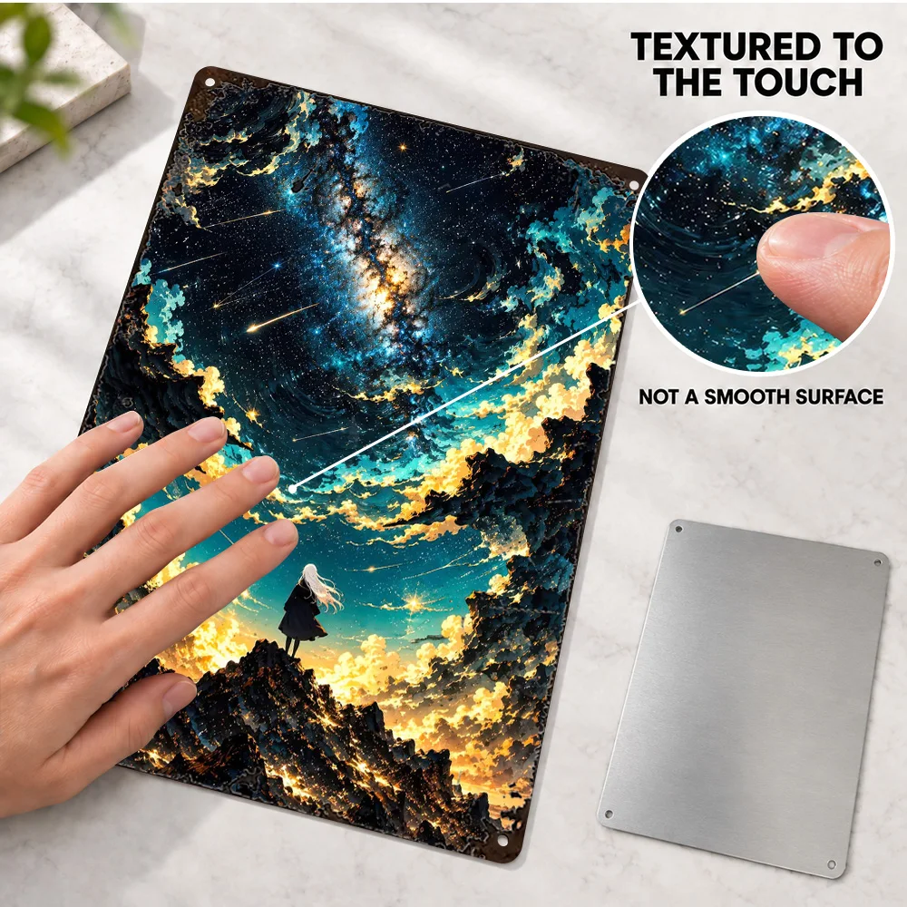 Girl Standing Under Cosmic Sky Aluminum Poster Personalized Metal Sign Starry Vortex Mountain Silhouette Wall Art For Bedroom