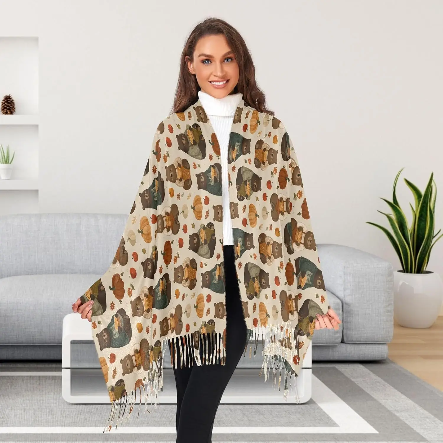 المرأة الشكر الدب اليقطين وشاح الباشمينا يشعر شالات يلتف خريف شتاء دافئ كبير الأوشحة موضة شرابة وشاح طويل