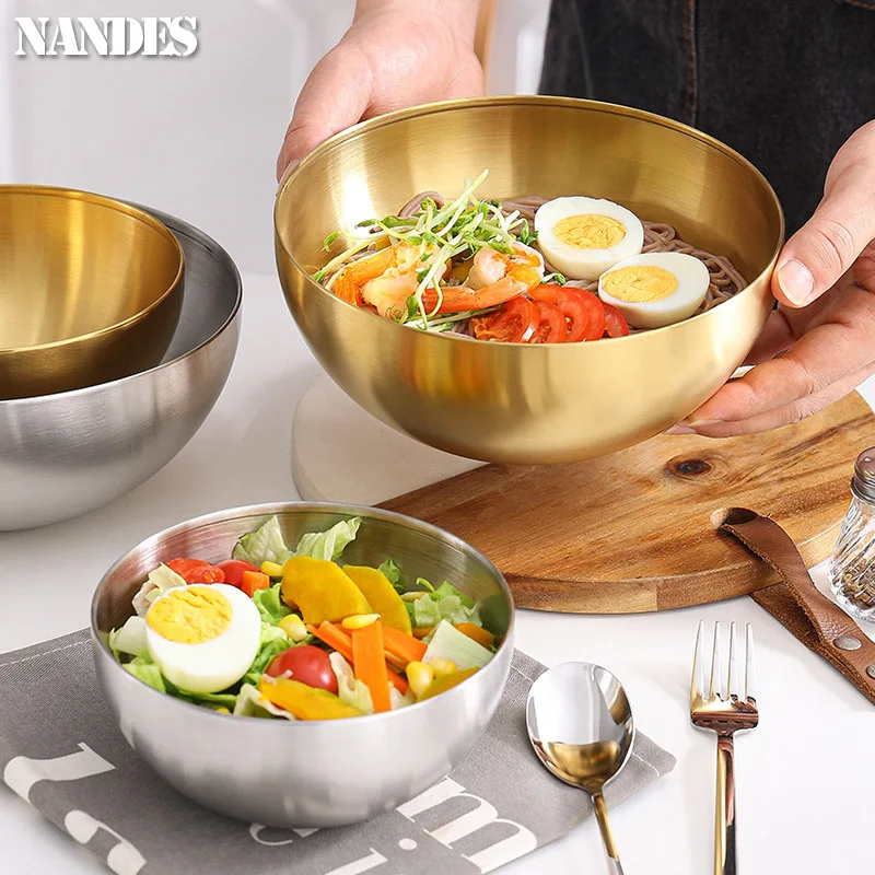 Korean Stainless Steel Salad Bowl Multi purpose Cooking Bowl Large Cold Noodle Bowl Instagram Round Sanded Gold Bowl