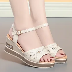 Summer Women Sandals Casual Flat Shoes Genuine Leather Female Wedges Soft Sole Cozy Mother Shoes Butterfly Hollow Breathable