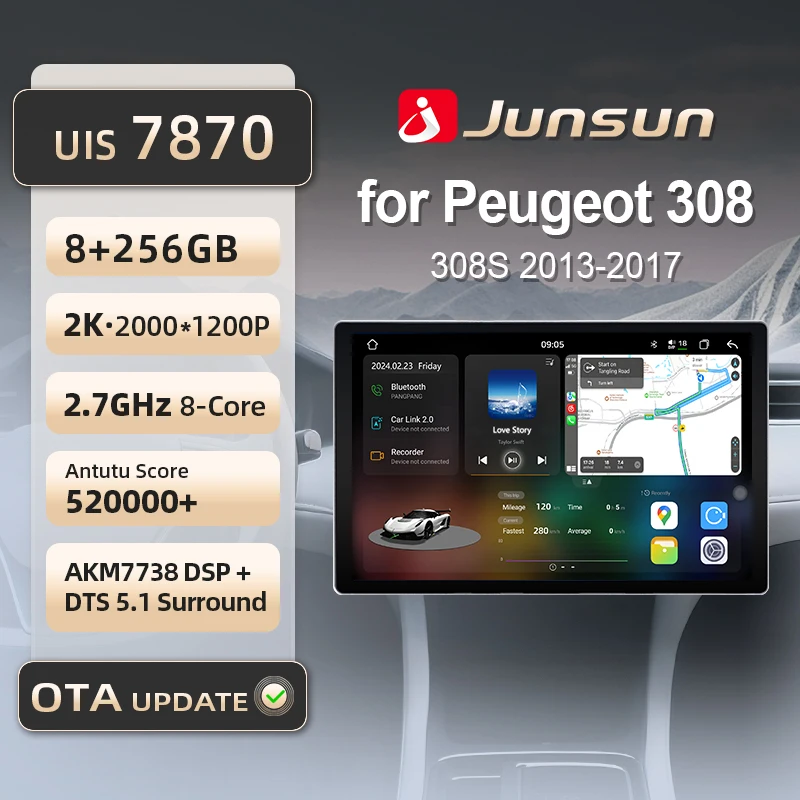 Junsun 7870 2K sans fil CarPlay Android Auto voiture systèmes intelligents pour Peugeot 308 308S 2013 2014 2015-2017 RDS FM multimédia