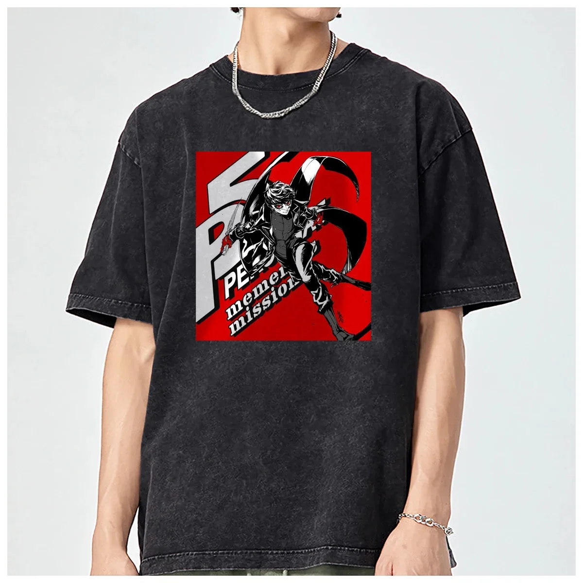 Personalised P-Persona 5 joker games TOPS Oversized Printed T shirt mens t-shirt Fashion Casual Vintage Washed Cotton Unisex Tee