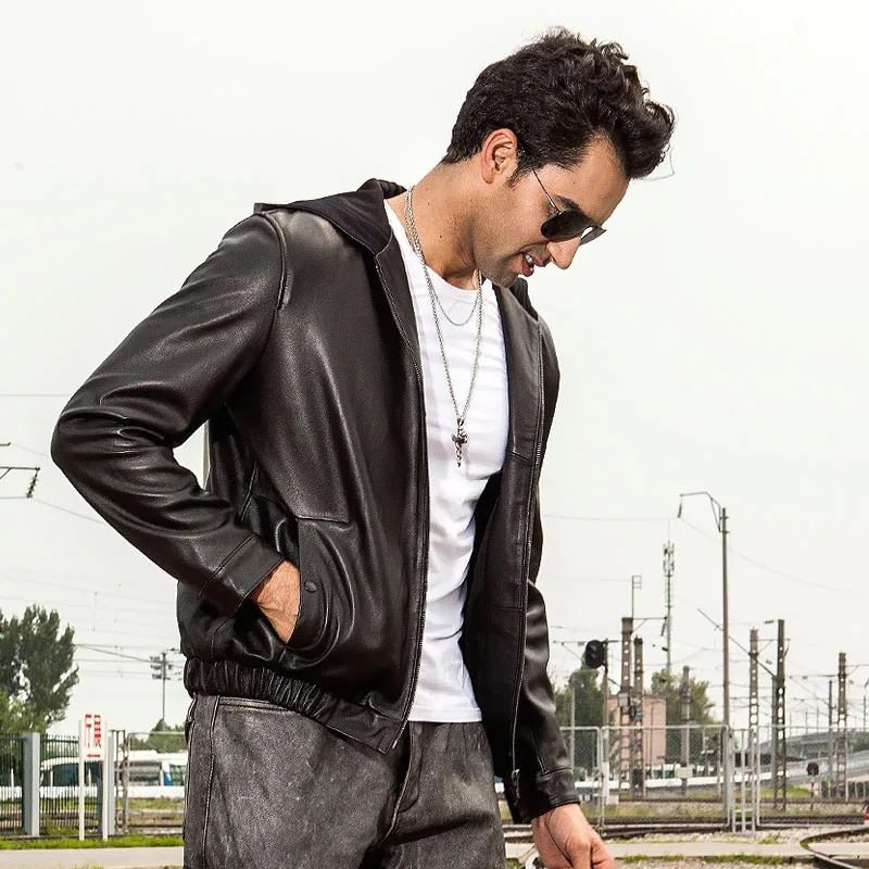 

Новинка 2020 года: Мужская кожаная куртка из овчины с капюшоном, тонкая, осенняя, ветрозащитная, простой дизайн, для молодежи