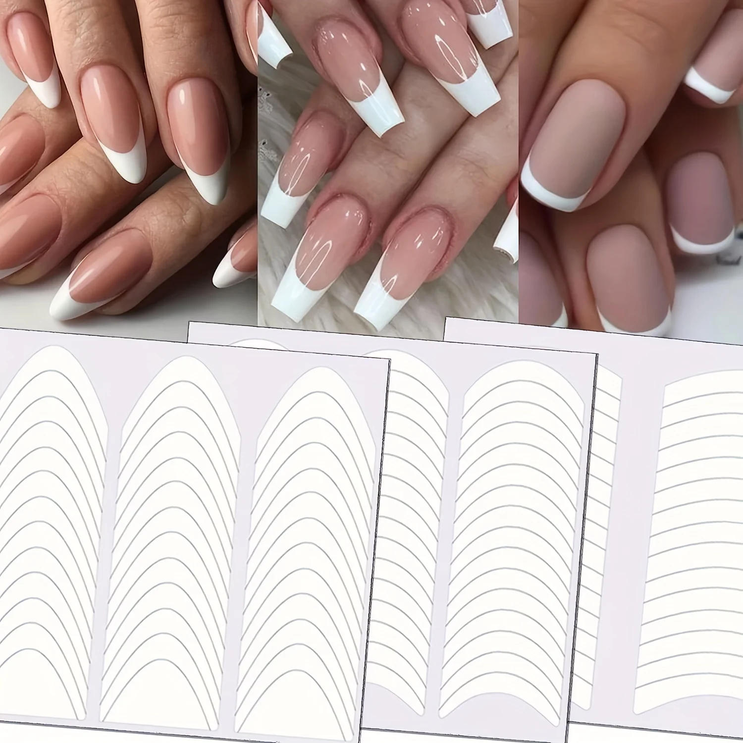 3 Stück französische Nagelkunst-Aufkleber, weiße selbstklebende Nägel, Streifen, Tipps, Führungen für DIY-Dekoration, Schablonen-Werkzeuge, Fransen-Spitzen-Abziehbilder