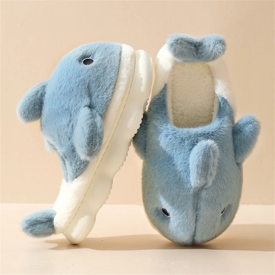 Warm Winter Cartoon Fur 3D Shark Women Plush Slippers Thick Platform Men Couples Home Furry Shoes