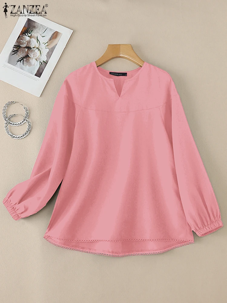 ZANZEA dentelle garniture couture Blusas Mujer couleur unie à manches longues lâche quotidien Blouses femmes décontracté col en v 2025 printemps T-Shirts