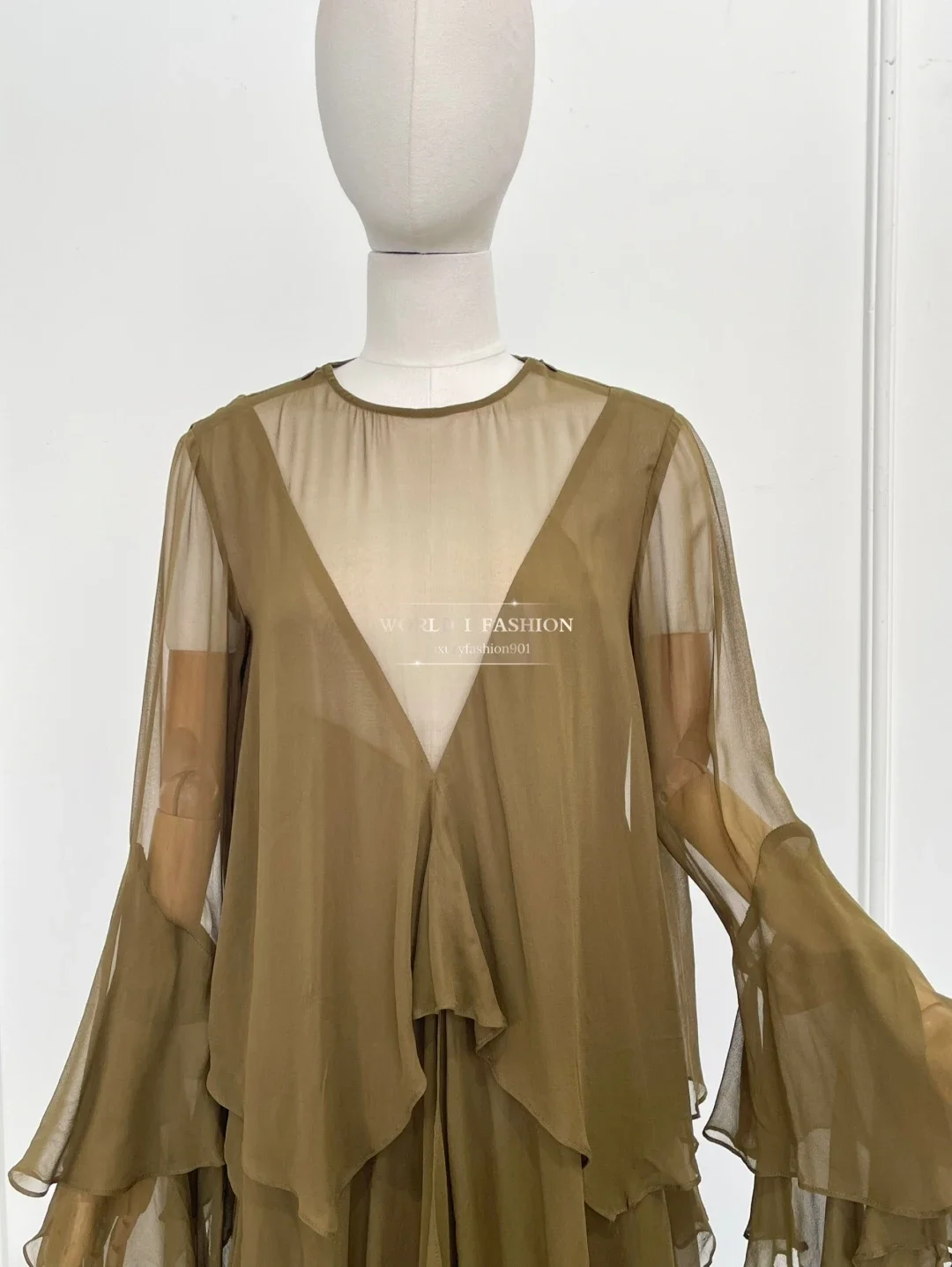 

Dark Brown Loose Long Sleeve Irregular Hem See Through Maxi Dress