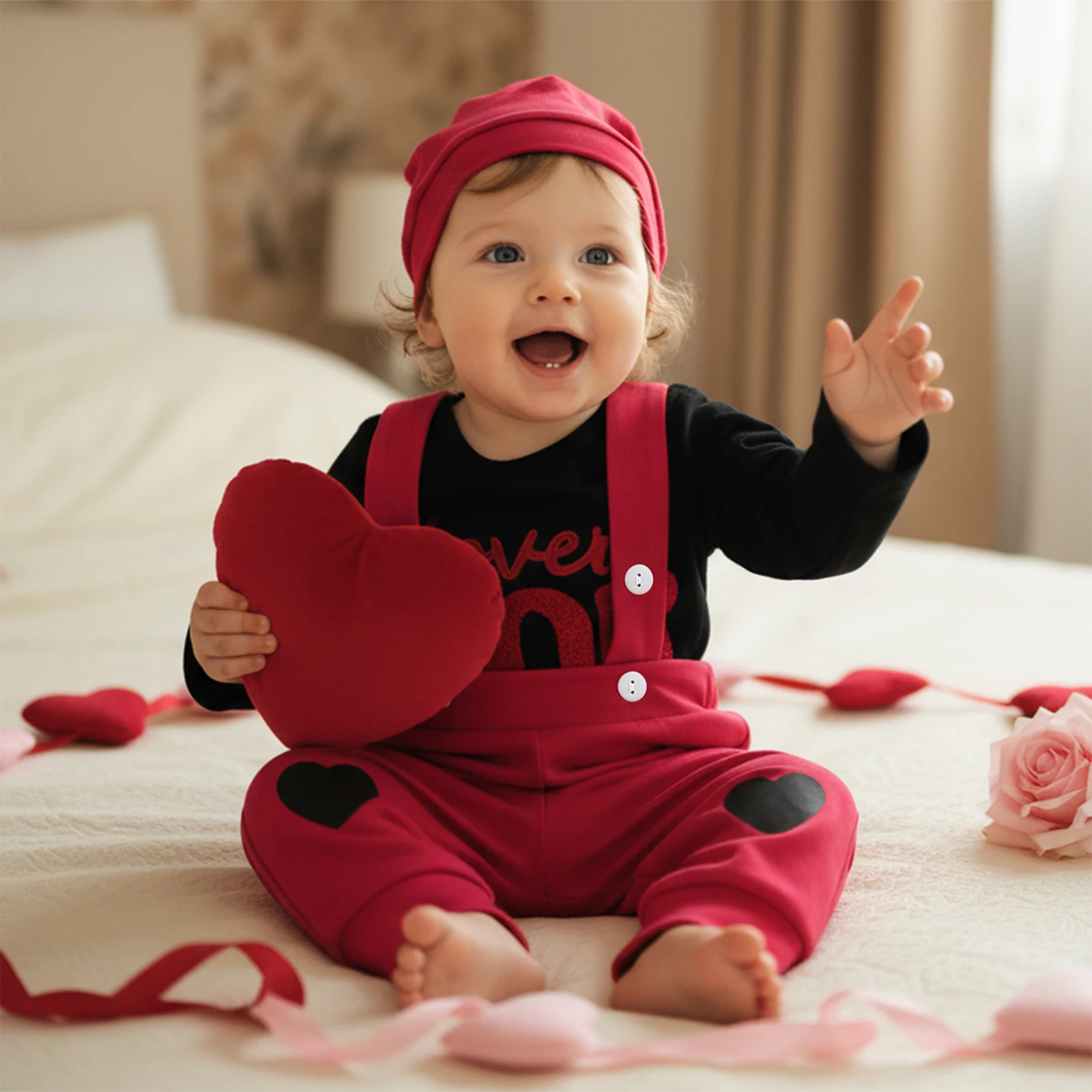 ملابس عيد الميلاد للأطفال الأولاد عيد الحب لطيف خطابات التطريز رومبير مع وزرة قبعة الملابس 3 قطع وتتسابق #5