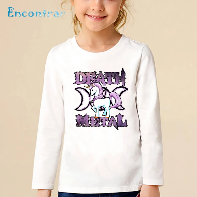 Children Harajuku Rainbow Unicorn Death Metal Print T shirt Kids Cartoon Funny Tops Boys Girls Long Sleeve Baby T-shirt,LKP2164