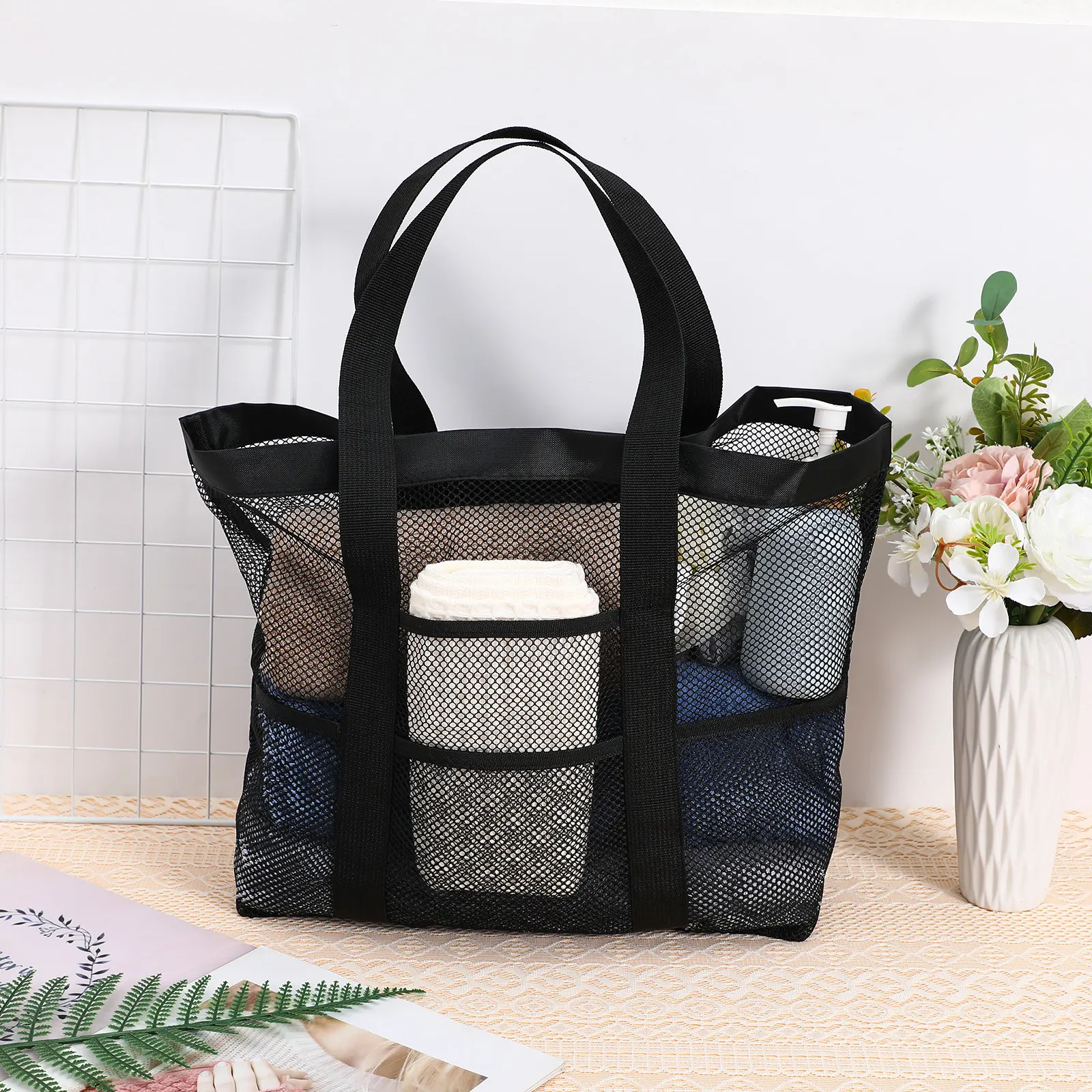 

3Pcs Mesh Beach Bag Large Capacity Tote Travel Picnic Handbag Vacation Accessories Lightweight Portable Mesh Travel Bag