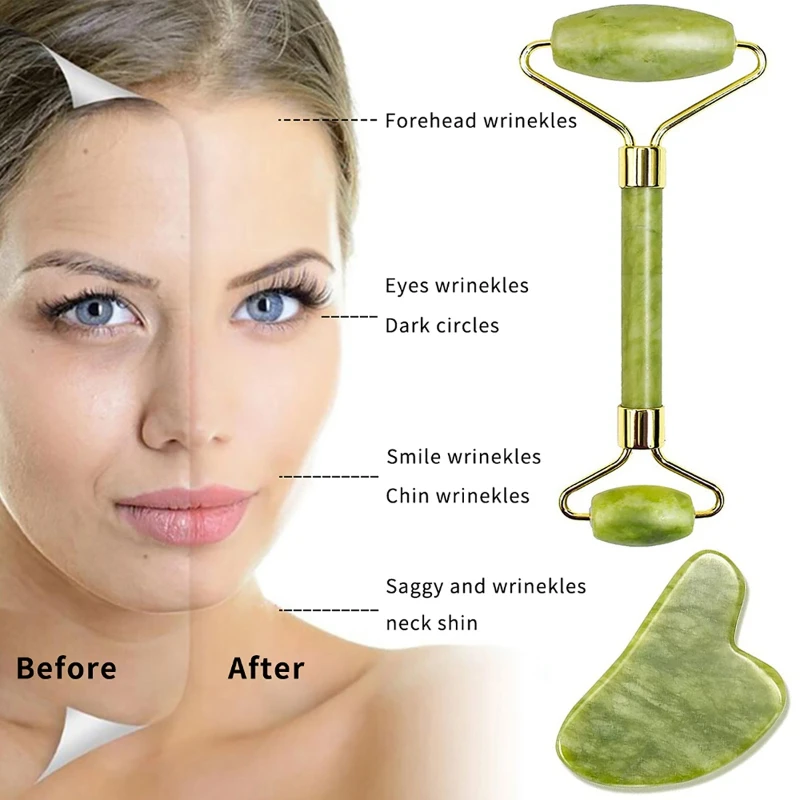 Natural Jade Roller Massager for Face Body Back Foot Massage Roller Facial Liftting Anti-wrinkle Double-end Gua Sha Jade Stone image 3