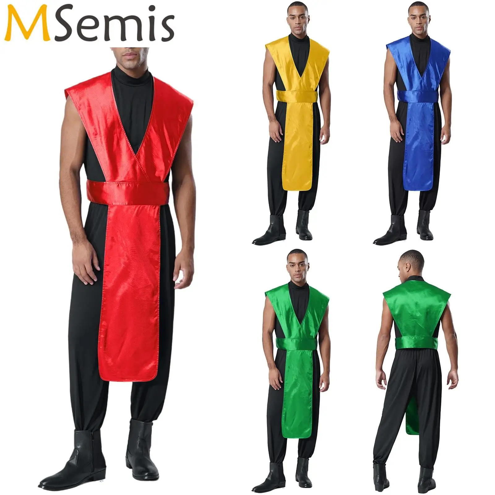 

Mens Fighter Cosplay Halloween Outfit Mock Neck Back Invisible Zipper Jumpsuit Deep V-neck Satin Rompers Carnival Costume