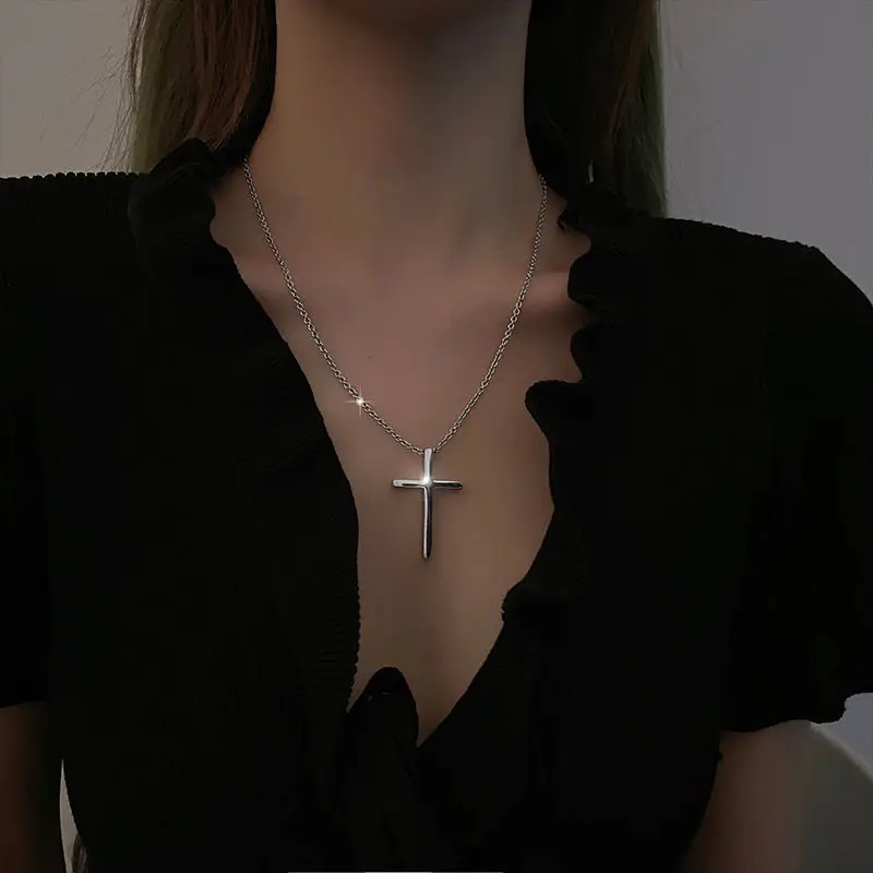 Stainless Steel Necklace Fashion Hip-hop Cross Pendant Long Sweater Chain Silver Color Choker Fashion Y2k Accessories Collares