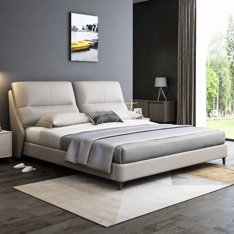 Italian Leather Bed Modern Simple Light Luxury 1.8m Double Bed for Master Bedroom Wedding Soft Upholstered Platform Bed Frame