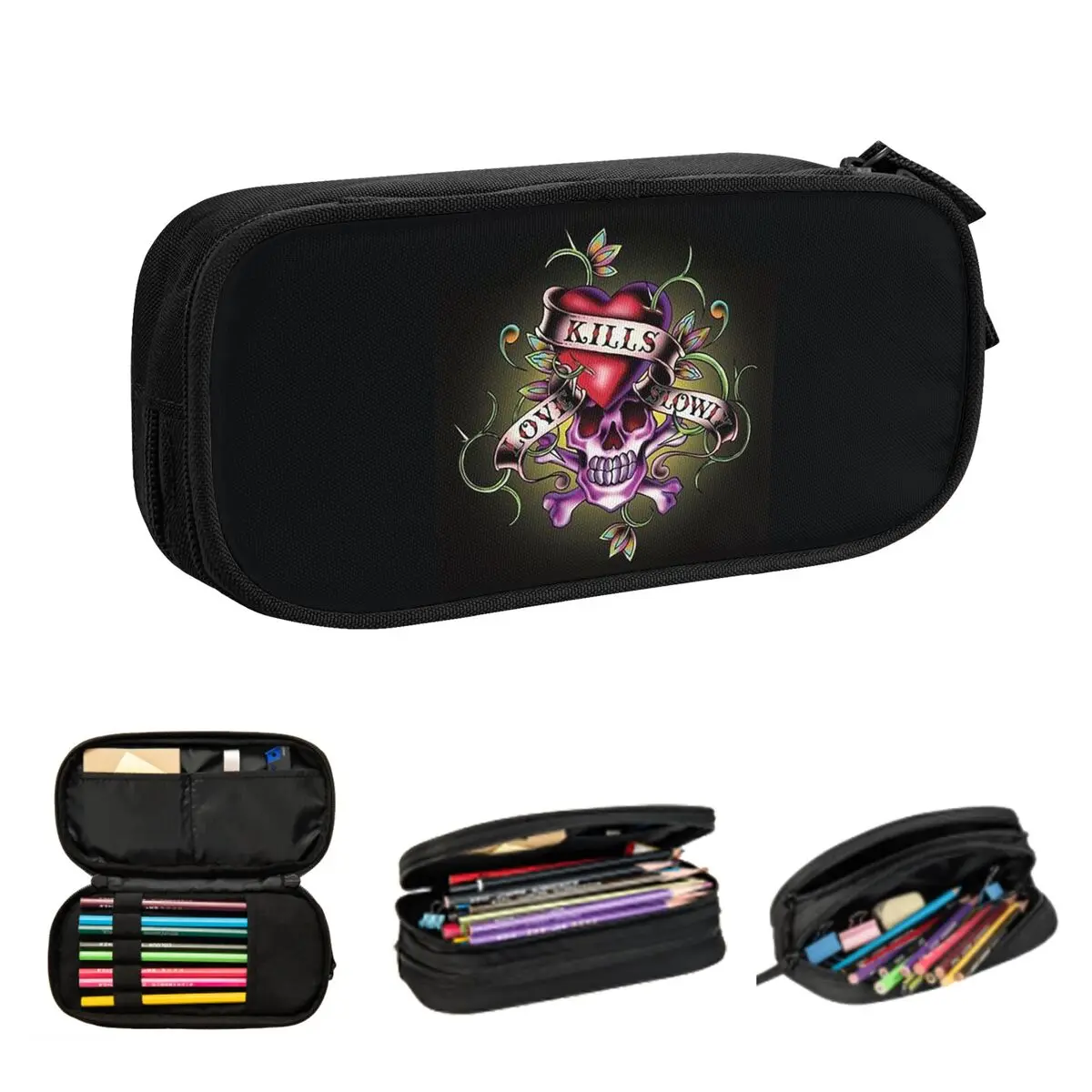 Ed Hardy Love Kills Slowly Pencil Cases for Student School Pen Box Pencil Bag Large Storage Pencil Pouch