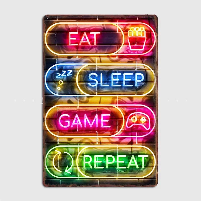 Poster Retro Metal Posters Sign Garage Club Indoor Wall Room Decoration Home Decor Eat Sleep Game Repeat Neon Classic