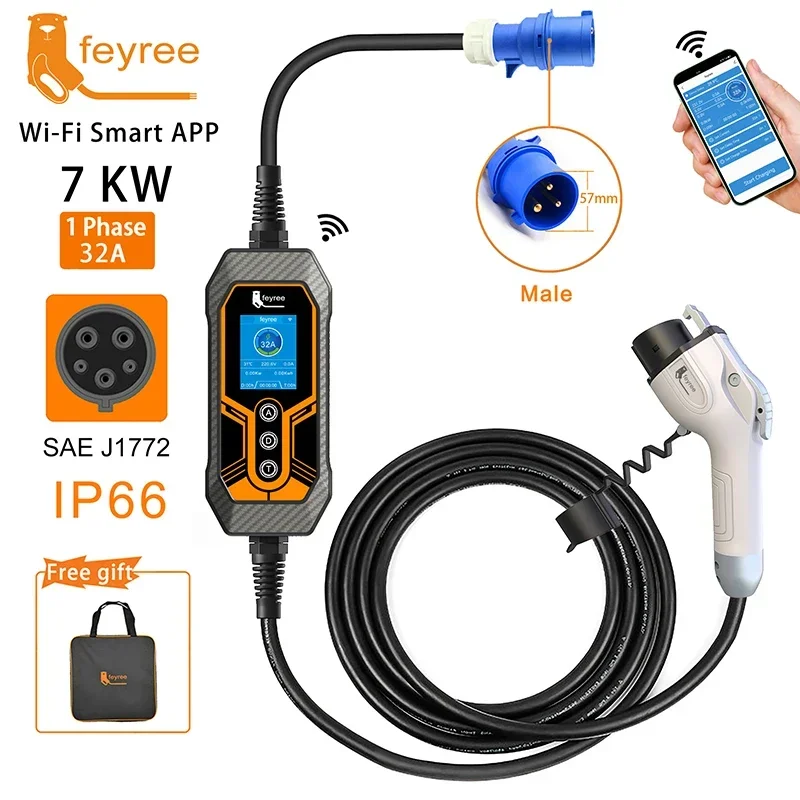 feyree Type1 j1772 Socket 32A 7KW 1Phase Portable EV Charger Wallbox APP Control EVSE Portable Charging Box for Electric Vehicle