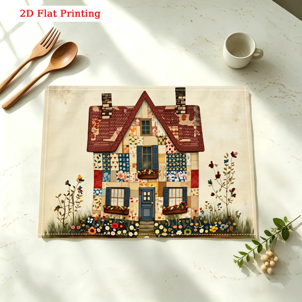 Patchwork House Design Kitchen Placemat Quilted House Design Linen Pad Dish Coffee Cup Table Mat 1PC 30x40cm
