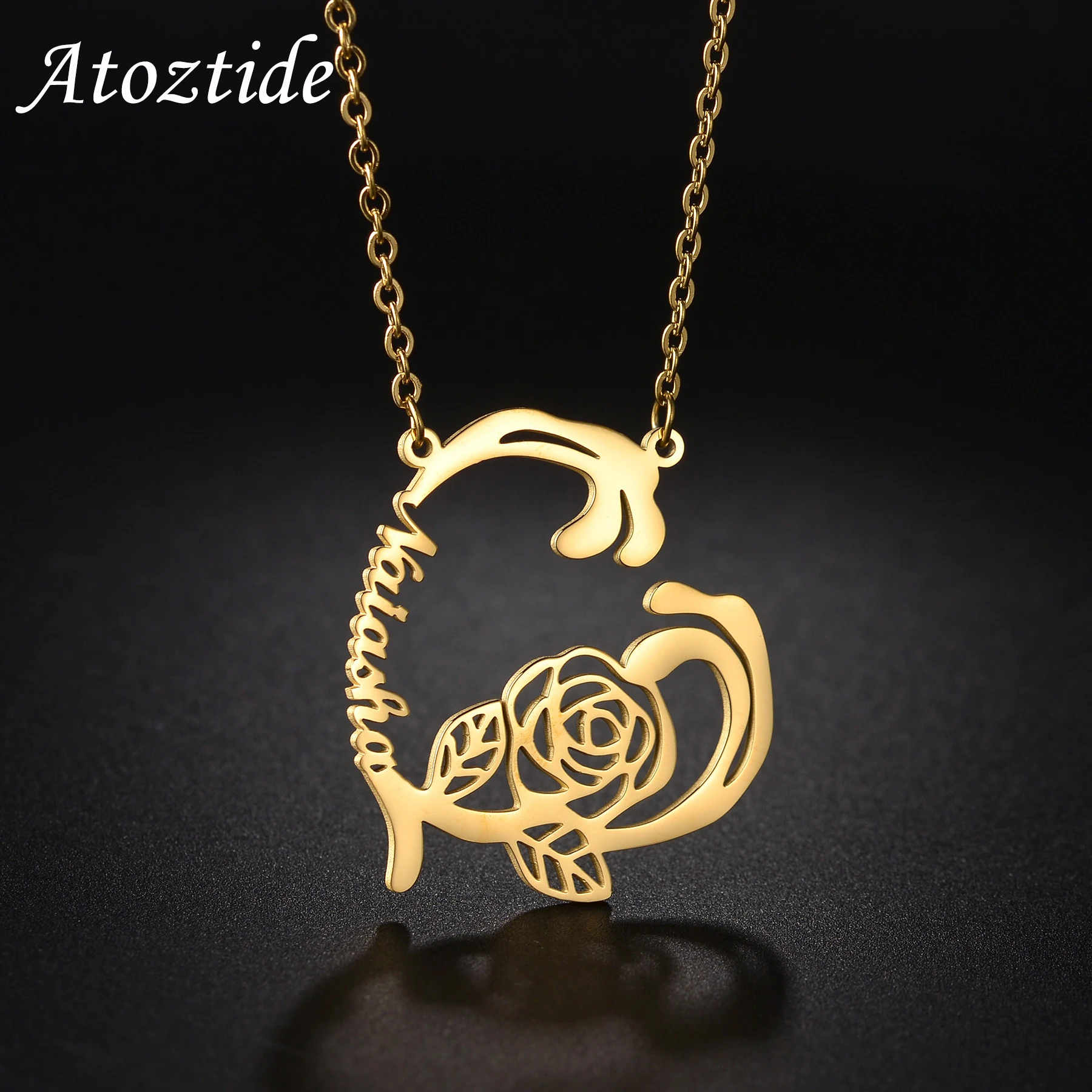 

Atoztide Personalized Custom Rose Name Necklaces for Women Men Stainless Steel Pendant Clavicle Link Chain Birthday Jewelry Gift