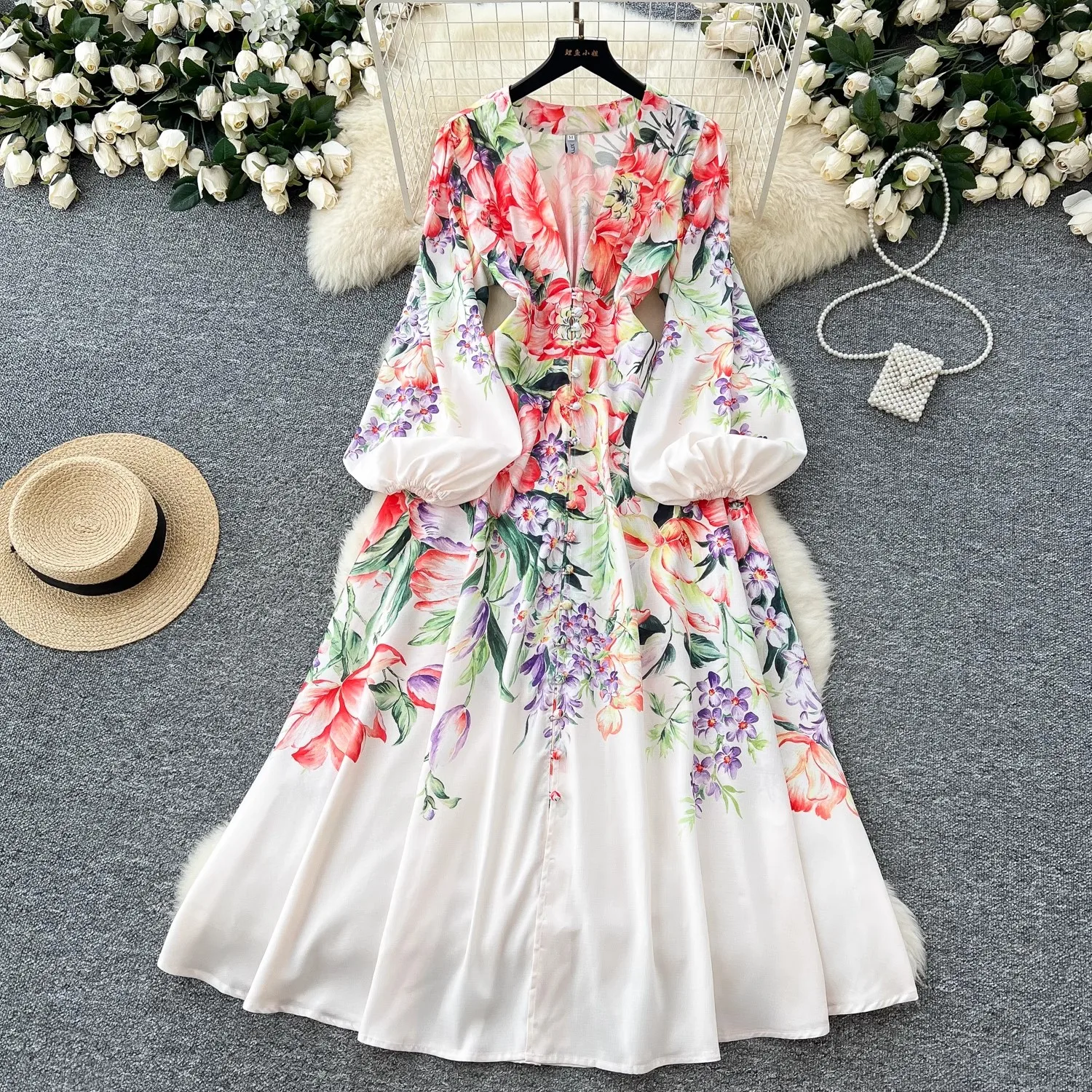 

French Holiday Flower Maxi Robe Dress Women's Sexy V Neck Long Lantern Sleeve Single Breasted Floral Print Slim Boho Vestidos