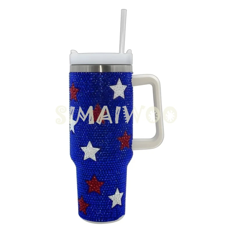 Klein Blue Tumbler US Flag Stars Colors Rhinestone Stainless Steel Water Bottle 40 OZ Thermos Coffee Mug Mosaic Cross Stitch